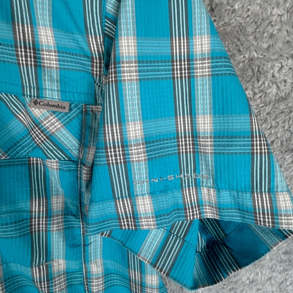 Columbia Mens S Blue Plaid Omni-Shade Vented Short Sleeve Button Down Shirt Hike - Picture 2 of 9